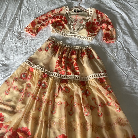 For Love And Lemons Orange Pink Flutter Sleeve Midi Skirt Set - Picture 6 of 7